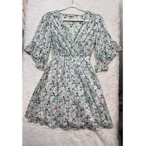 Chenault Floral Mini Dress Womens Medium Wrap V-Neck Metallic Stripe Excellent